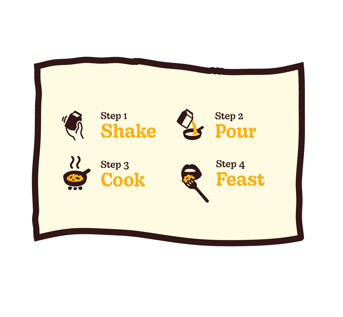 How to eat Crack'd Up - 4 simple steps: Shake, Pour, Cook, Feast